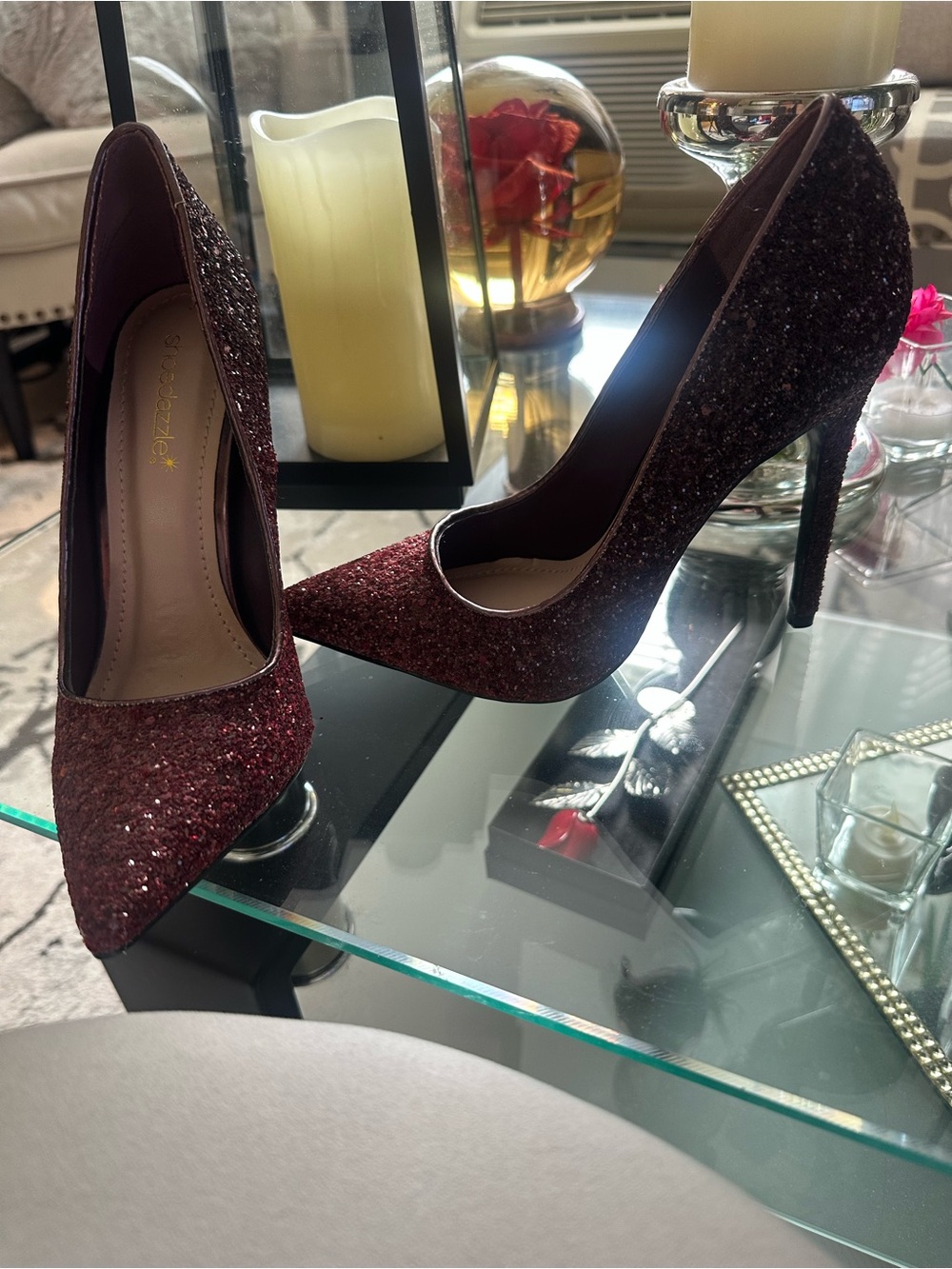 Shoe Dazzle Burgundy Glitter Pointed-Toe Stiletto Pumps